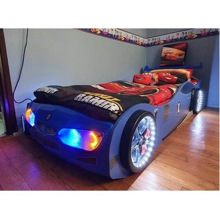Mavi Arabalı Yatak Modelleri | Işıklı ve Güvenli Çocuk Yatakları