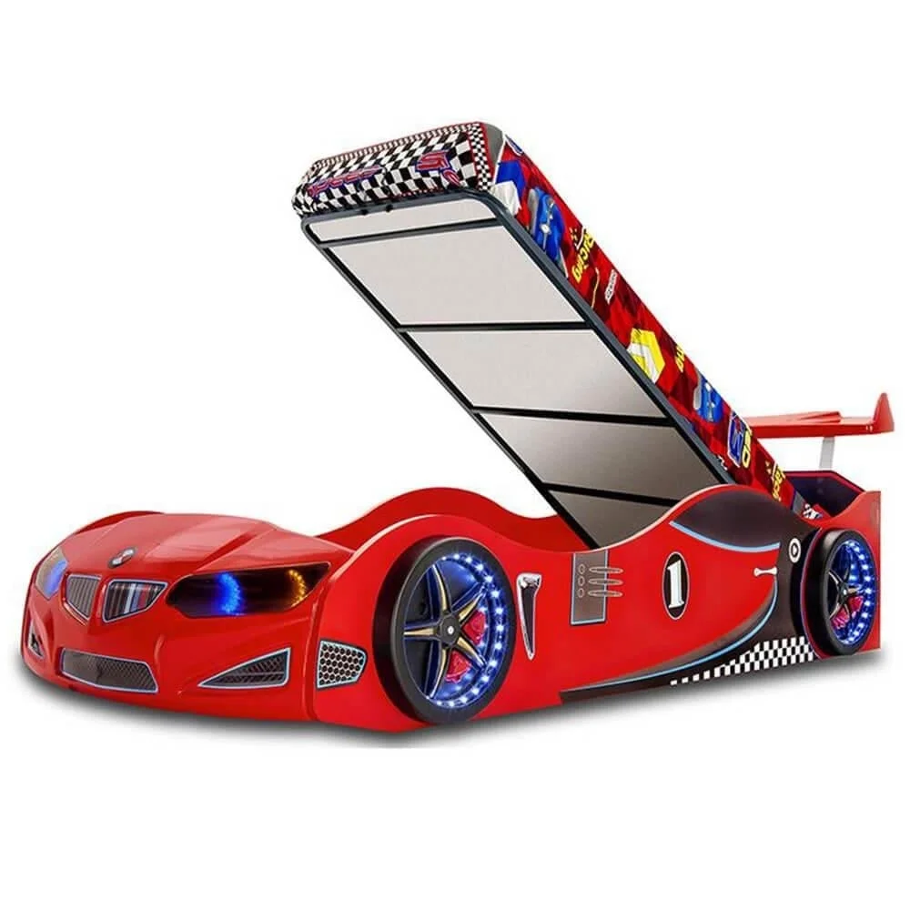 GT1 - Bazalı Kırmızı Arabalı Yatak | Baza Sandıklı