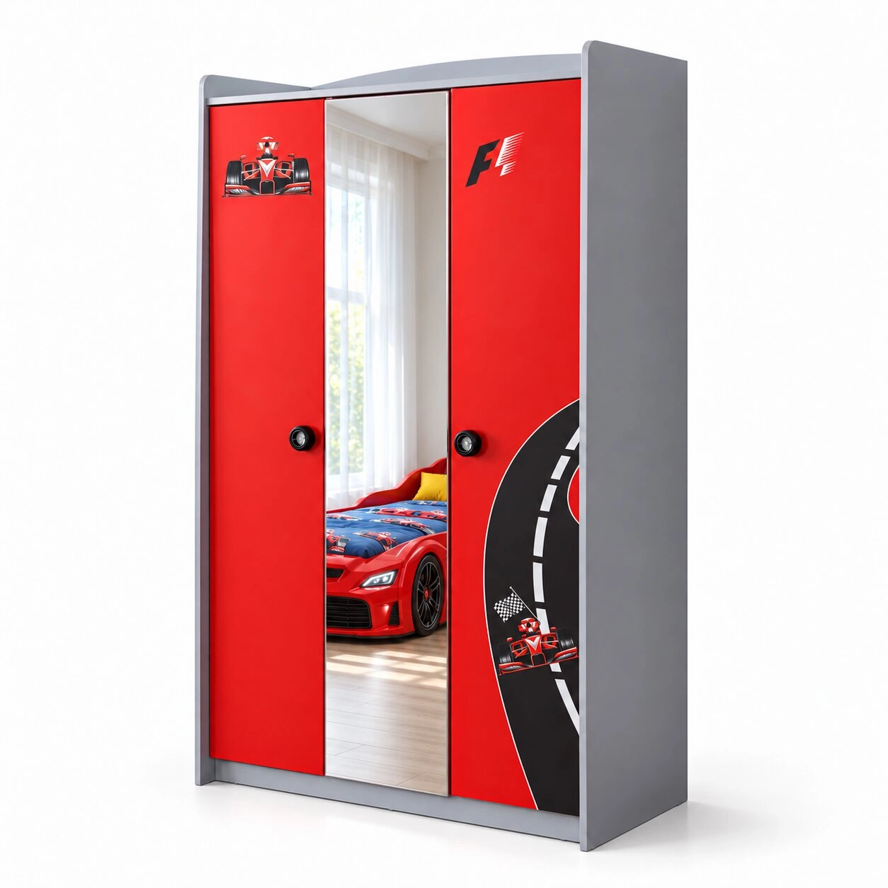 Grandprix 3 Kapılı Arabalı Çocuk Dolabı Kırmızı | Çocuk Dolabı