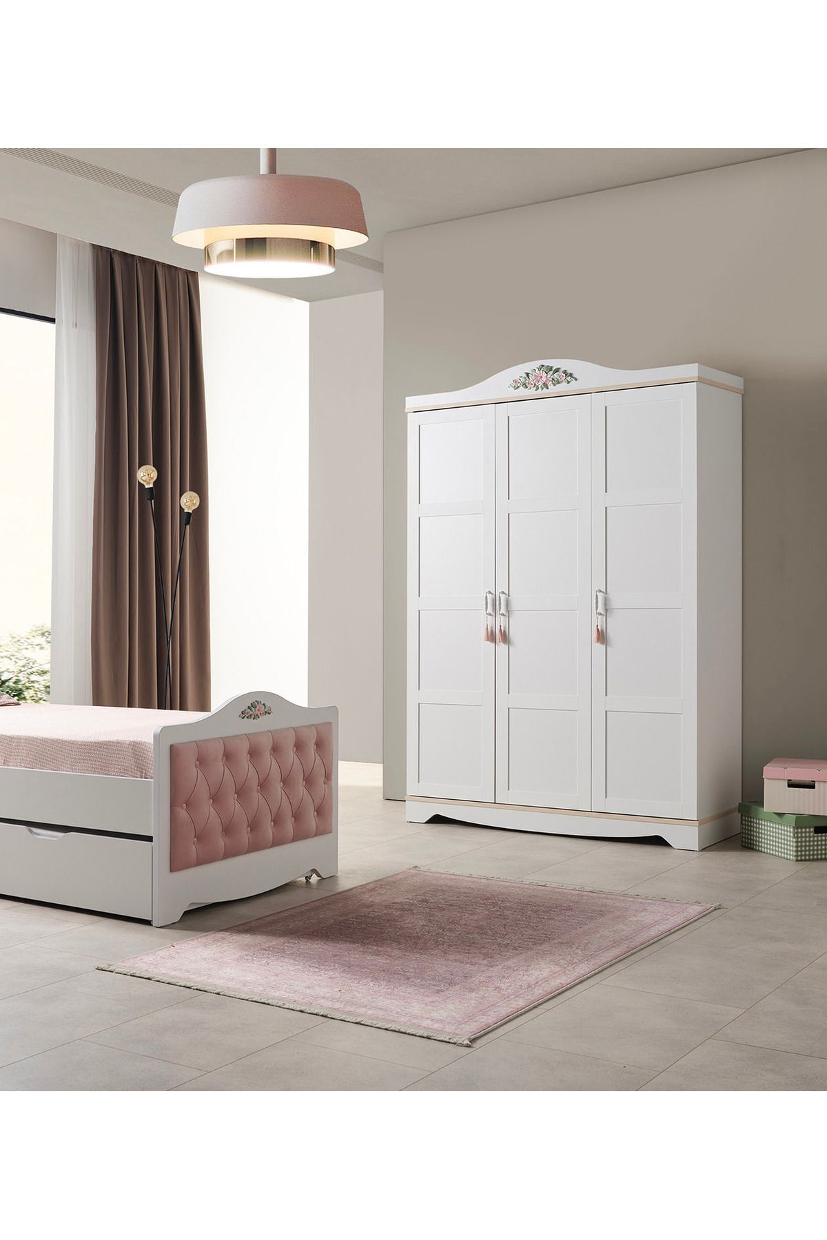 ROZA - Karyola 100*200 cm - Kız Çocuk Karyola + ALT KARYOLA BEYAZ 90*190