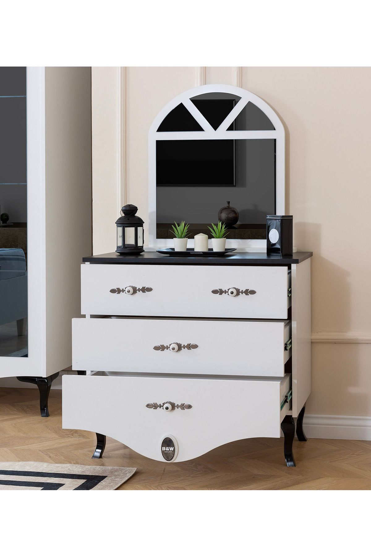 Zümre - Siyah & Beyaz - Aynalı Şifonyer - Çocuk Aynalı Çamaşırlık